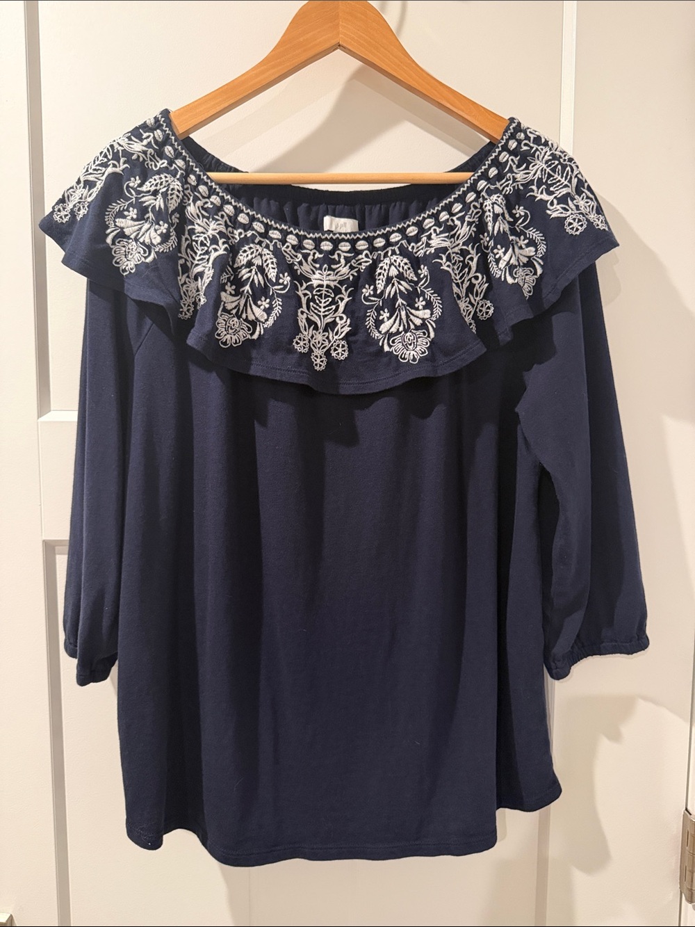J. Jill Navy Off-Shoulder Ruffle Tunic with White Embroidery